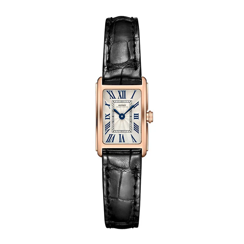 

new gift Quartz watch Ladies Square Dial Rose Gold Black Leather