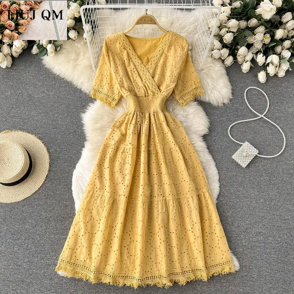 

Summer New Women Yellow/white/blue Hollow Out Dress V-neck Short Sleeve Tassel High Waist Elegant Embroidery A-line Long Dress