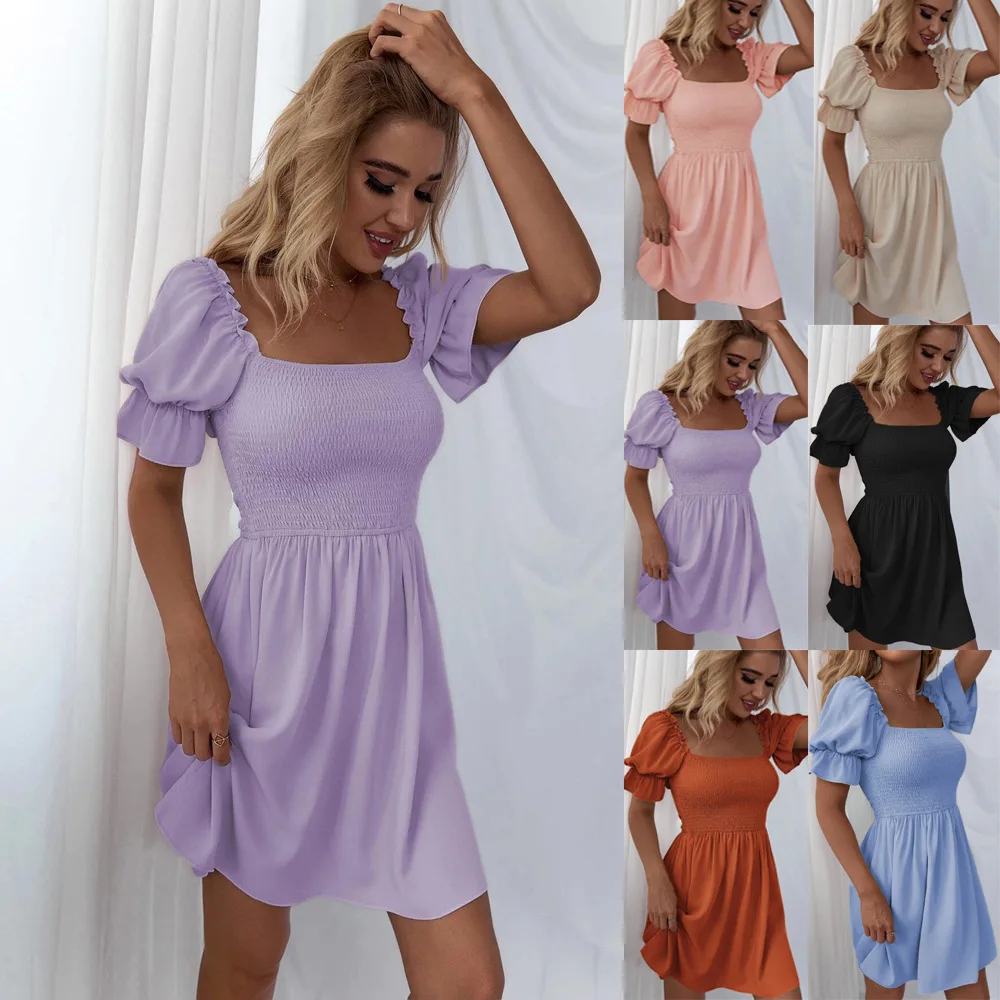 

2022 new product square neck swept simple A-line solid color dress women
