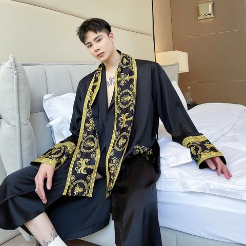 Высококачественный атласный Шелковый удобный халат с винтажным принтом, мужские Модные Длинные банные халаты, кимоно для мужчин, пикантная свободная тонкая Пижама