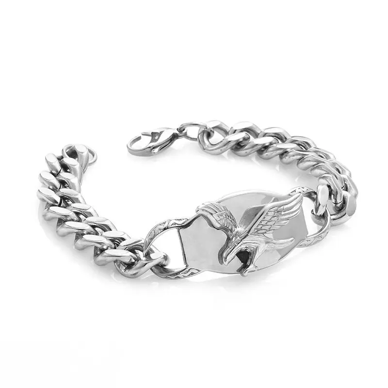 

Eagle Charm Bracelet Man High Quality Metal Cuban Chain Silver Plated Bracelet with Lobster Claw Clasp