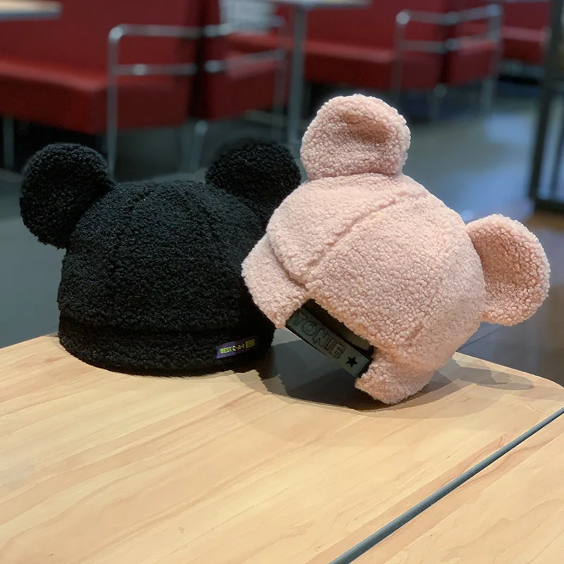

Japanese Cute Bear Ear Lamb Cashmere Cap Female Autumn and Winter Thick Warm Ear Protection Bucket Hat Gorros