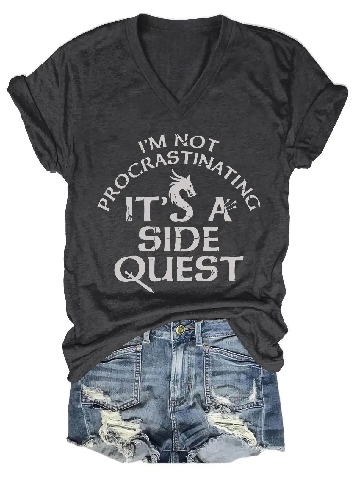 Lovessales Womens I'm Not Procrastinating, It's A Side Quest V-Neck Short Sleeve 100% Cotton T-shirt