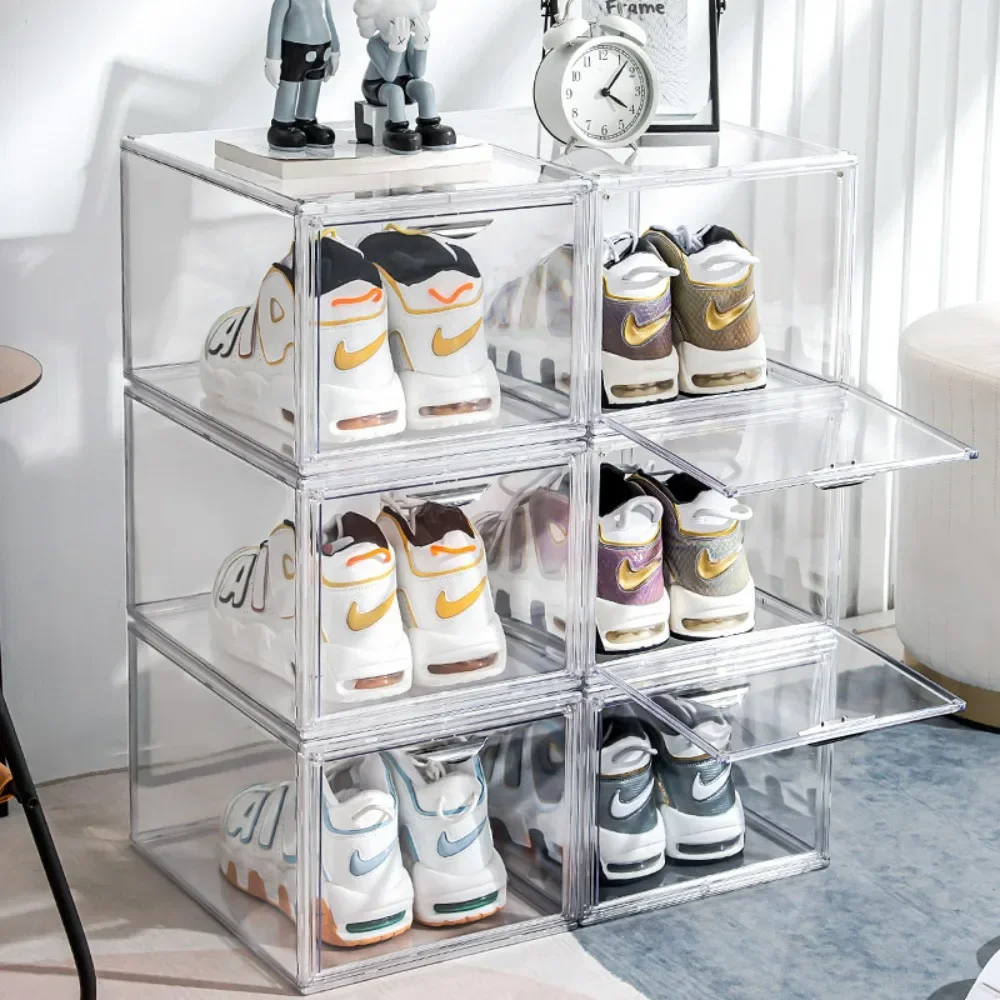 

Shoe Organizer Simple Assemble Sneakers Foldable Clear Shoe Storage Box with Magnetic Door Side Open Drop Door Steady Stackable