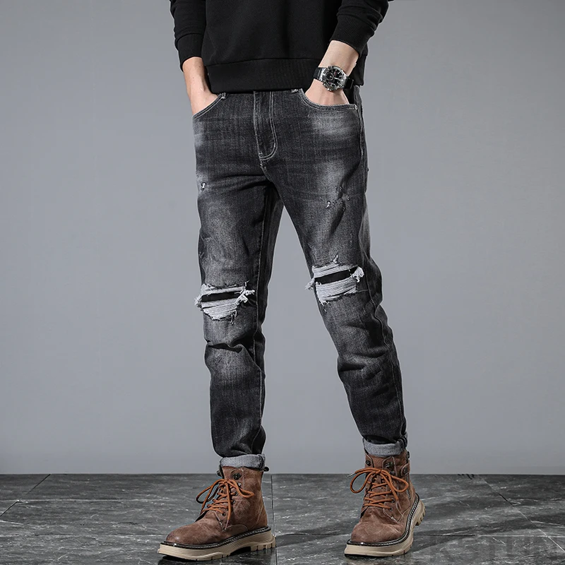 Джинсы мужские Стрейчевые в стиле хип-хоп с потертостями