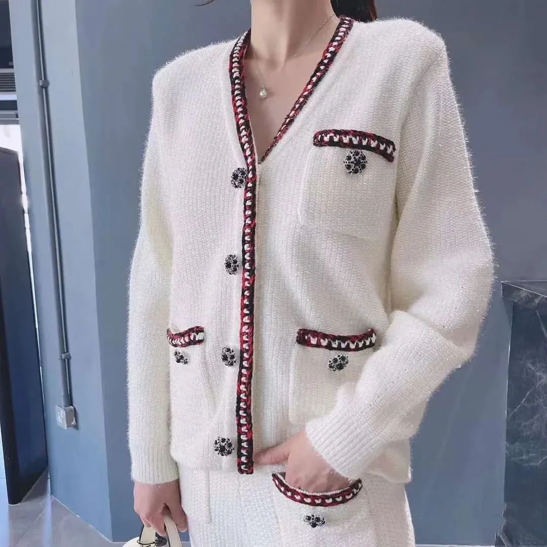 Women Sweater 2023 Early Autumn Single-breasted Rhinestone Button V-neck Loose Woven Trimming Female Knit Cardigan Jacket