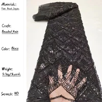 pgc black luxury womens french mesh sew textile 5 yards high quality tube beads sequins african lace fabric for bridal dp0004