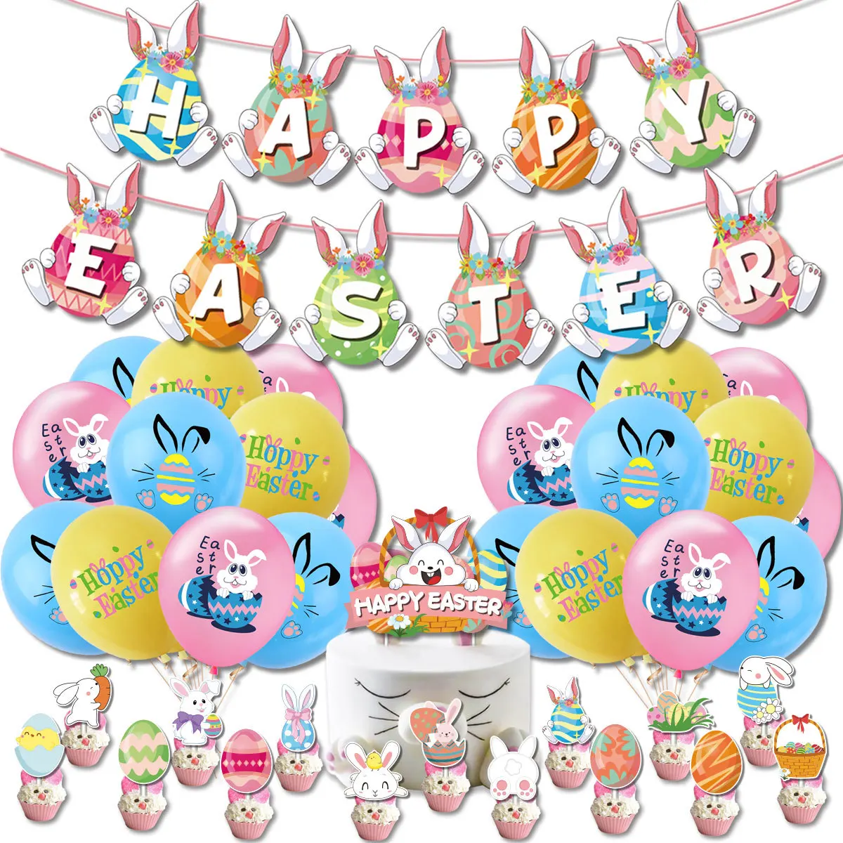 

JOLLYBOOM Easter Party Blue Pink Balloon Set with Bunny Egg Happy Easter Banner Cupcake Topper for Easter Decoration Supplies