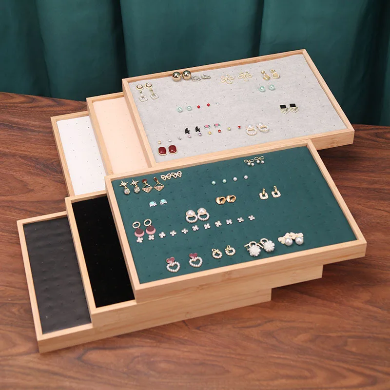 Natural Bamboo Stud Earring Display Tray Colorful Velvet Stud Earring Tray Wholesale Organizer for Jewelry Stor Storage Stand