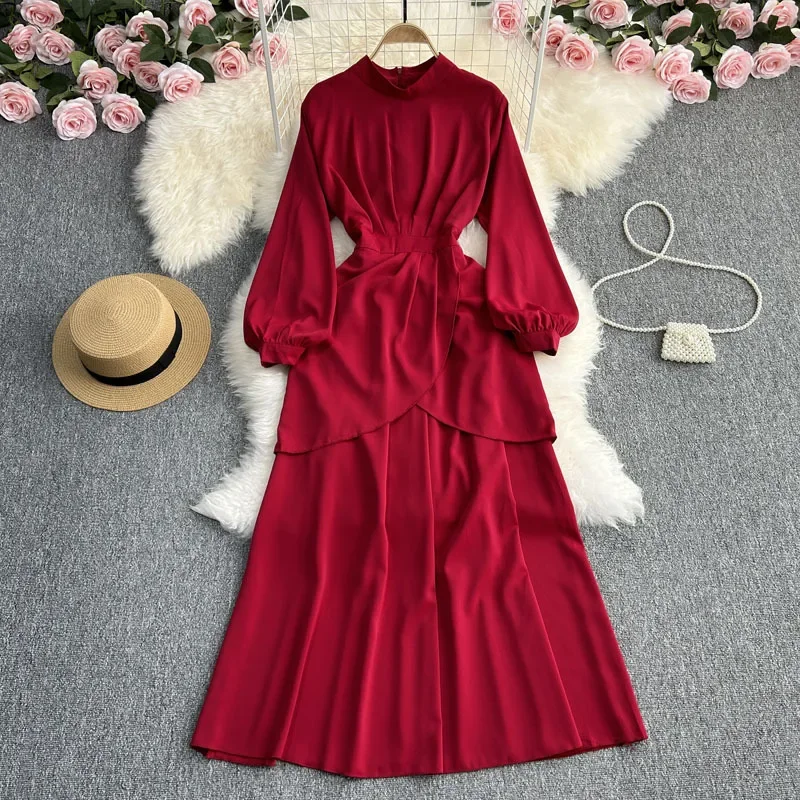 Весенне-осеннее винтажное элегантное однотонное платье с длинным рукавом и