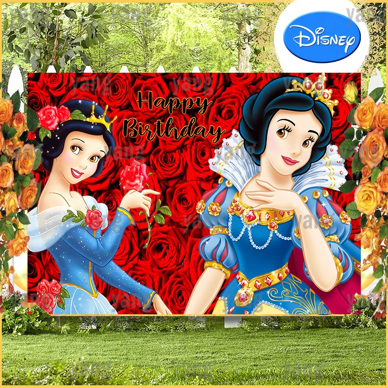 Enlarge Disney Snow White Party Customizable Photo Background Red Romantic Rose Happy Birthday Decoration Supplies Name DIY Backdrops