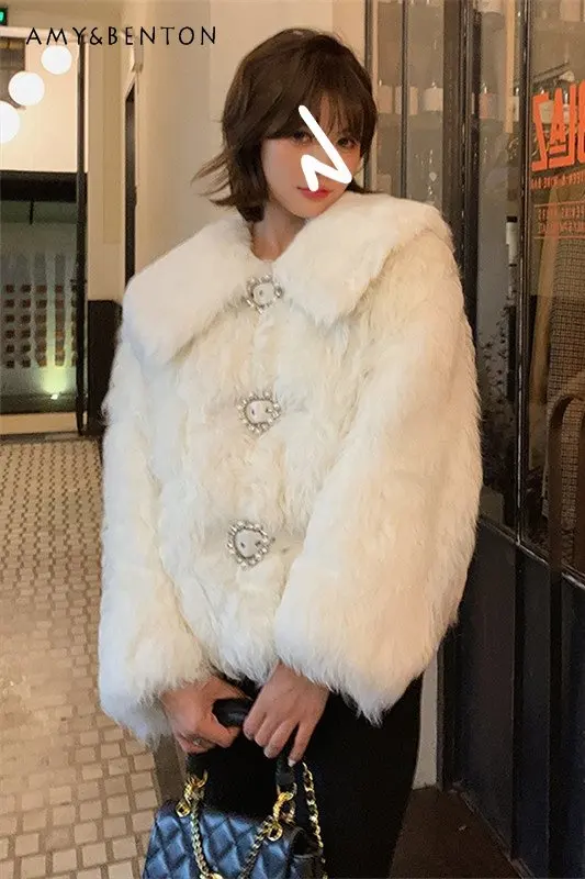 

Женское зимнее утепленное меховое пальто, дизайнерское шерстяное пальто с ощущением младшего сердца и пряжкой с кукольным воротником, женс...