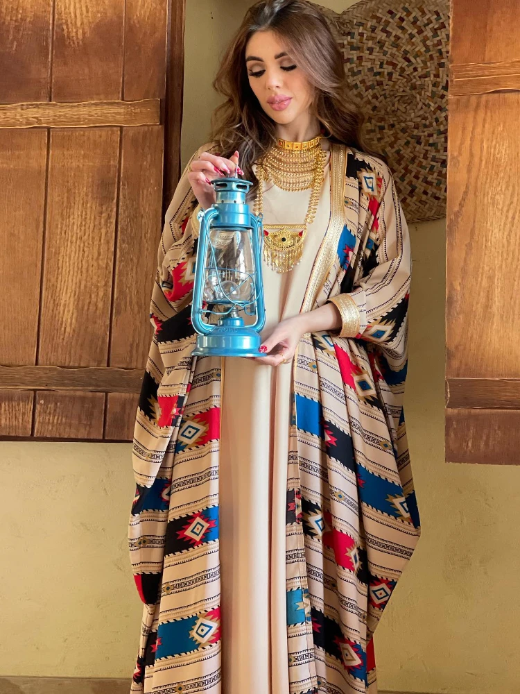 

Женский комплект из 2 предметов Дубай Abaya с рукавом летучая мышь и мешочным принтом, праздвечерние чные длинные платья в марокканском стиле, абайя, 2 предмета, 2022