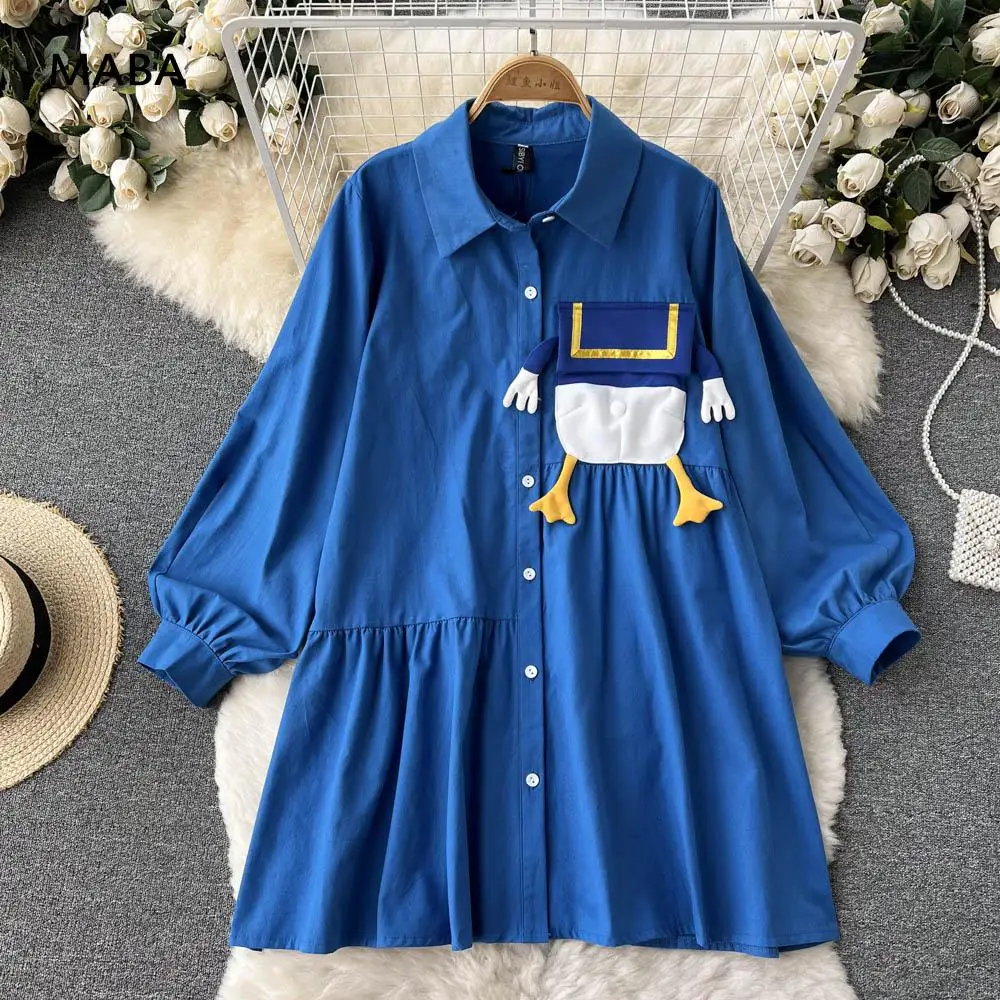 

Cotton Shirt Dress Women 2022 Spring New Ladies Polo Collar Long Sleeve Loose Cartoon Pattern Blue Casual Short Dress Korean