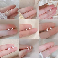 tiny minimalist 925 silver needles korean mini small heart stars stud earrings for women butterfly heart star piercing ear studs