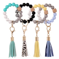 muted and neutral color silicone bangle key chain wsuede tassel for women wooden beads keychain wristlet cheetah print key0128
