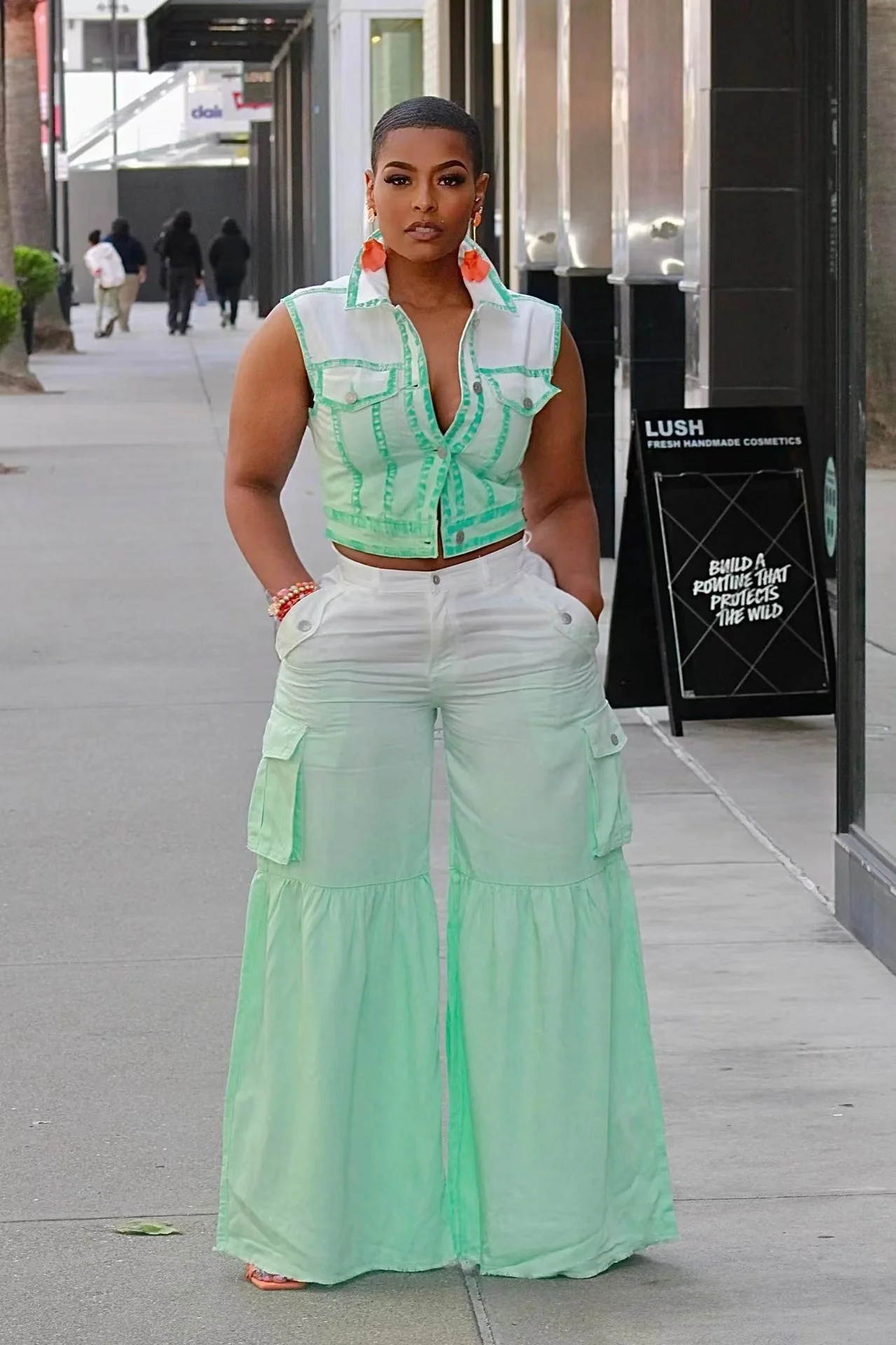 

Брюки-клеш Zoctuo с широкими штанинами, комплект из 2 предметов, рубашка без рукавов, на пуговицах и брюки, шикарная одежда с завышенной талией и карманами, зеленые