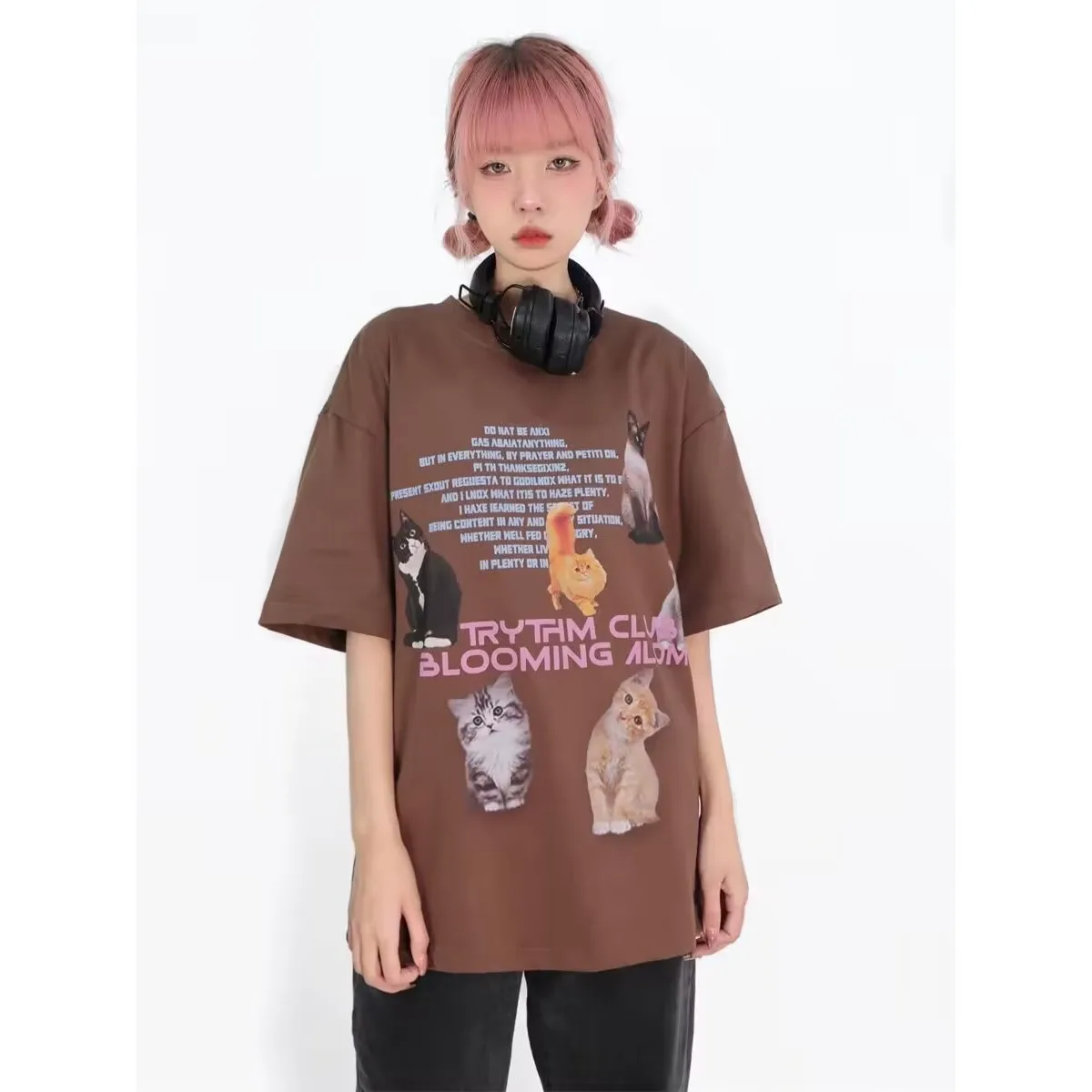 

American Retro Pure Cotton Cute Cat Animal Letter Print Men and Women Summer Trendy Couple Loose and Versatile Half Sleeve Top