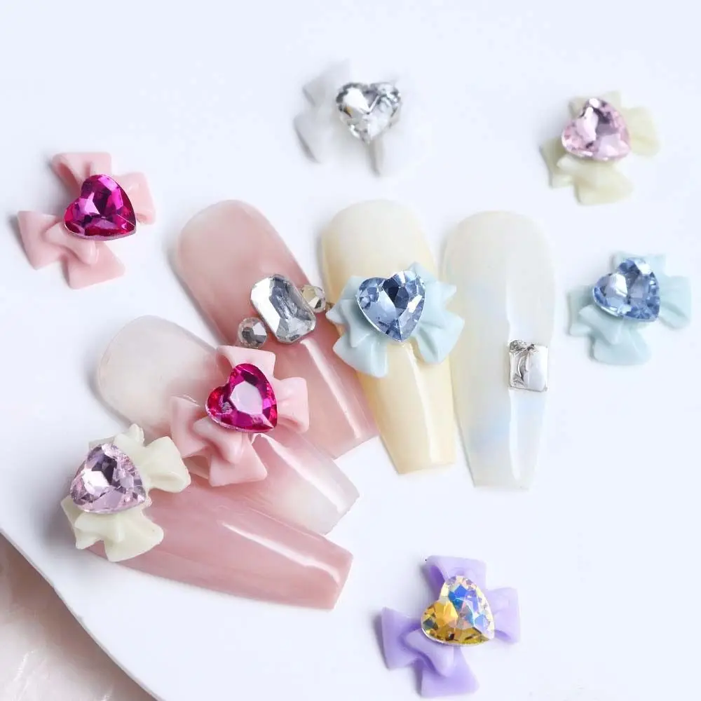

12Pcs/set Mixed Color Ribbon Resin Bowknot Shiny Nail Parts Heart Rhinestone Nail Charms Nail Decoration Accessories