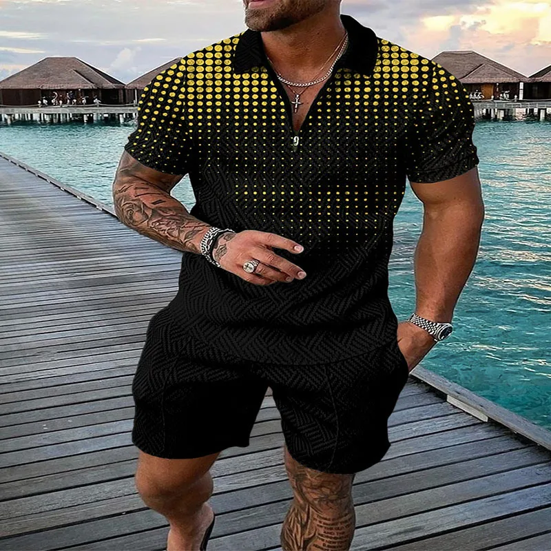 Summer Fashion Men's Tracksuit Short Sleeve Polo Shirt Set Luxury Chain Print Clothing 2 Pieces Casual Suit Streetwear Outfit