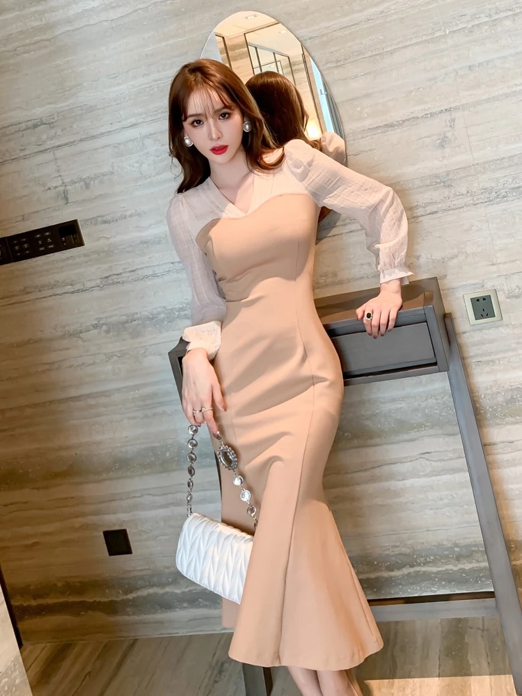 Frill Fishtail Dress Women Autumn Temperament Flattering Inner wear Sexy Slim fit Bottoming Skirt Mid-Length