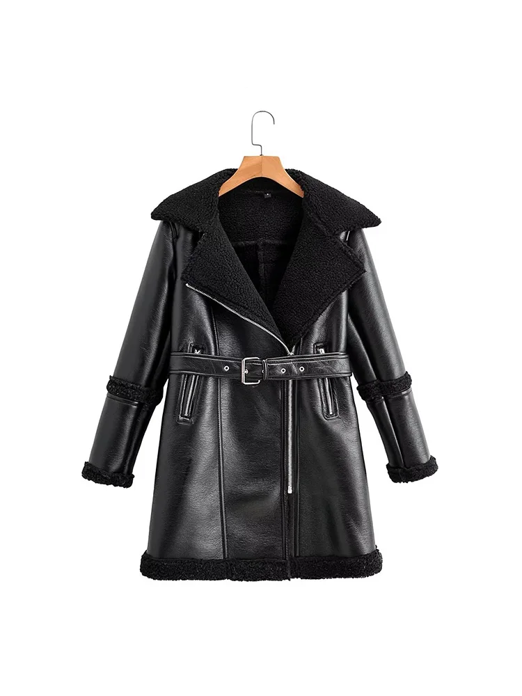 BM&MD&ZA Women 2022 New Fashion Bicolor With belt imitation leather lamb wool Coat Vintage zipper Female Outerwear Overshirt