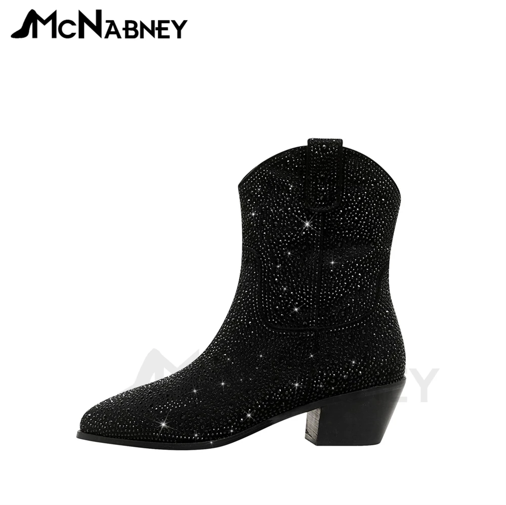 Rhinestone Cowboy Boots Bling Bling Wedge Boots Pointed Ankle Boots Western Cowboy Style Shoes for Women Luxurious Slip On Shoes