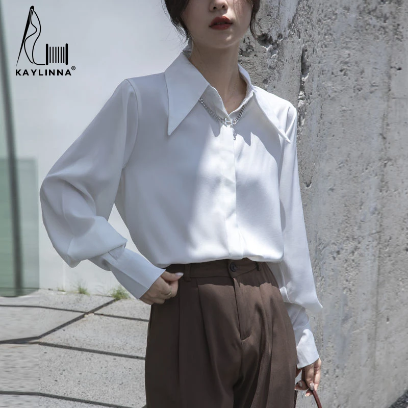 KAYLINNA Autumn Fashion Office Lady Button Up Satin Silk Shirt Vintage Blouse Women Long Sleeves Female Loose Street Shirts