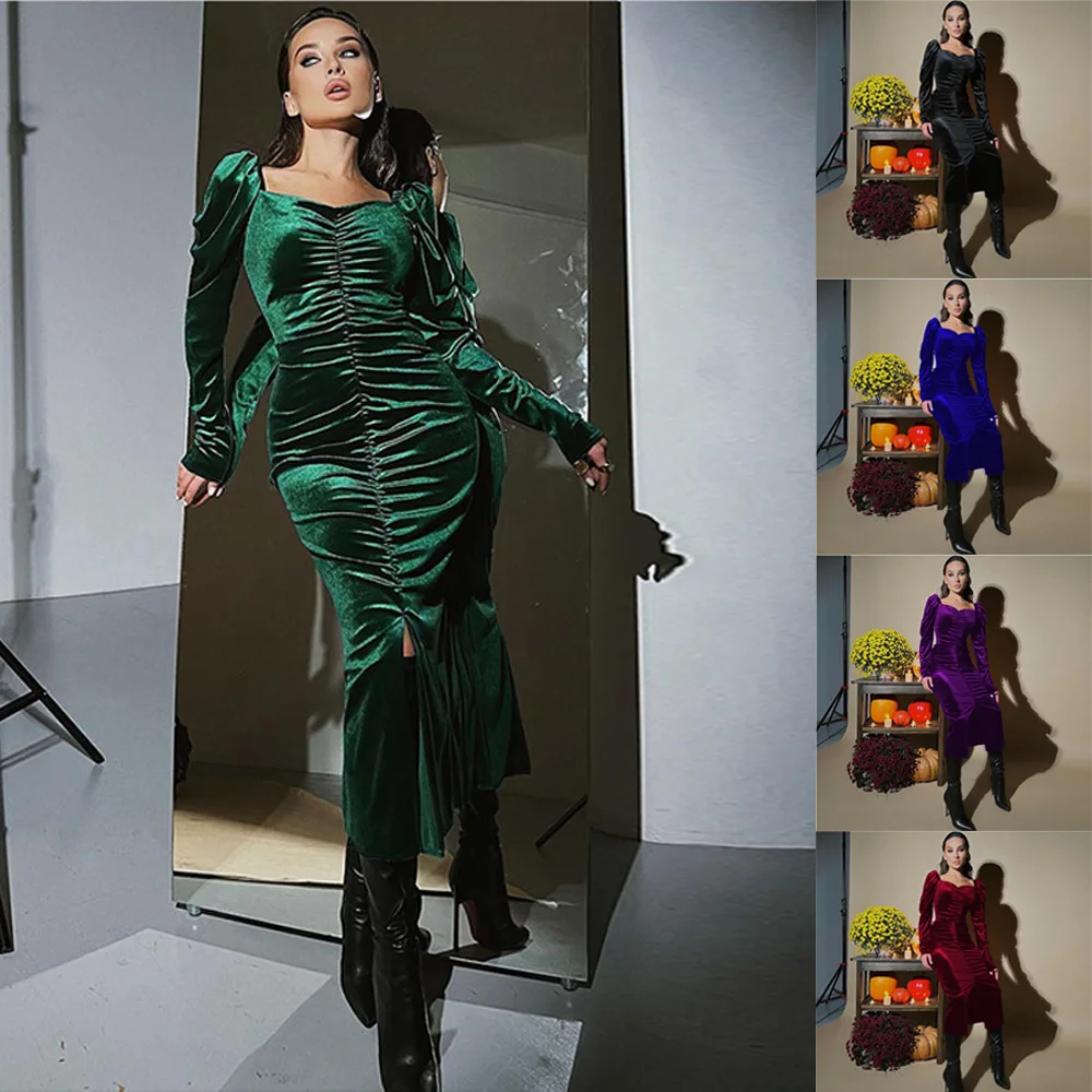 2023 New Fashion Temperament Pleated Dress Women Solid Color Slim Split Dress Ladies Long-sleeved Dress Vestido Feminino