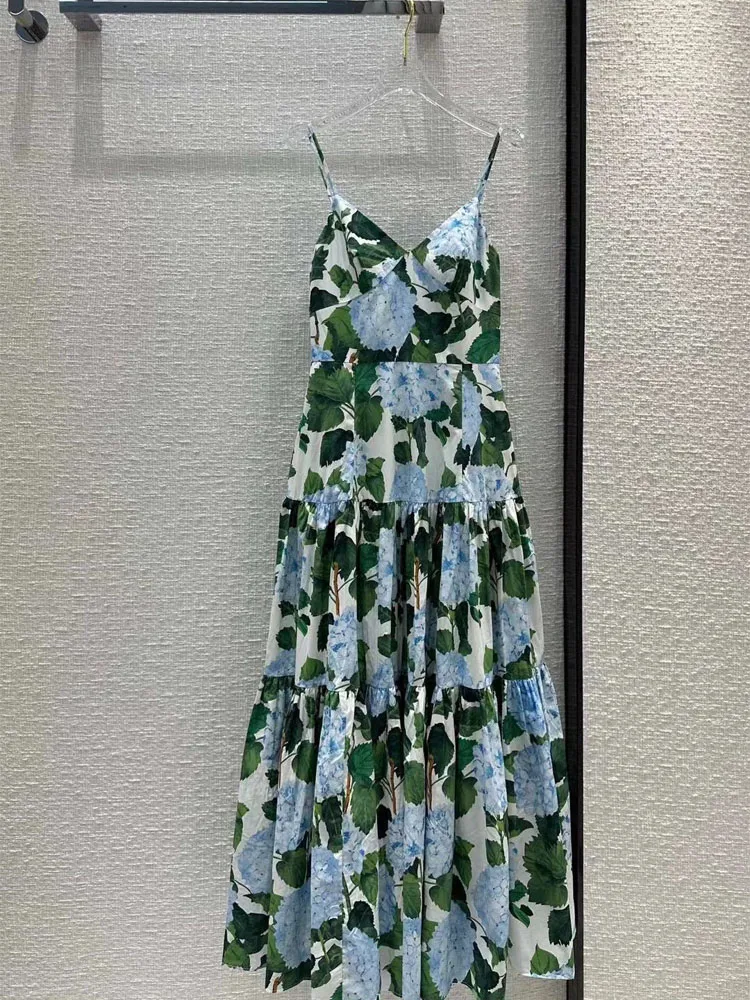 

2023 Fashion texture Dresses Waist tuck Long folds dress Sleeveless green print Female sling Dress