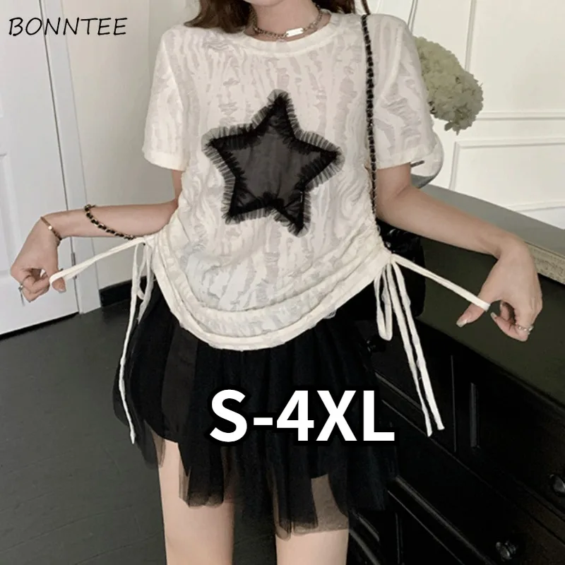 

Star T-shirts Women American Style Short-sleeve Vintage Shirring Fashion Slim Hotsweet Girlish Casual Summer Chic All-match Ins
