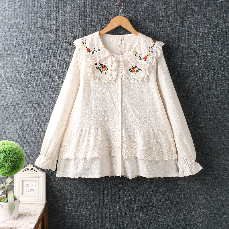 

2022 Spring New Women's Shirts Sweet Embroidery Double-layer Peter Pan Collar Shirt Long-sleeve Loose Cotton Tops Mori Girl