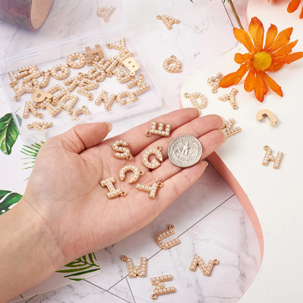 52pcs Alphabet Zinc Alloy Pendant Letter A-Z with Imitation Plastic Pearl Bead Charms for Dangle Earring Necklace Jewelry Making