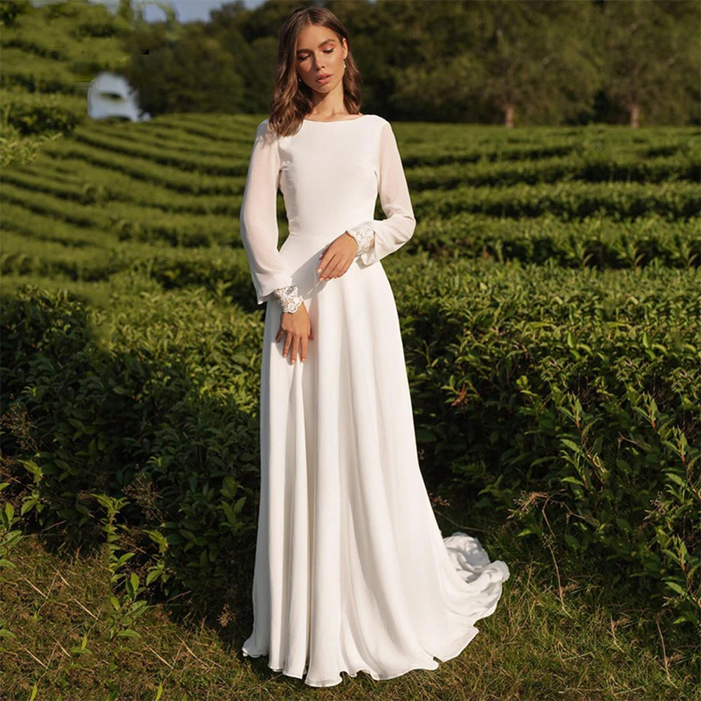 

Boat Neck Beach Wedding Dresses Long Sleeves 2022 Lace Cuff Sexy Backless Chiffon Sweep Train Boho Vestido De Noiva For Summer