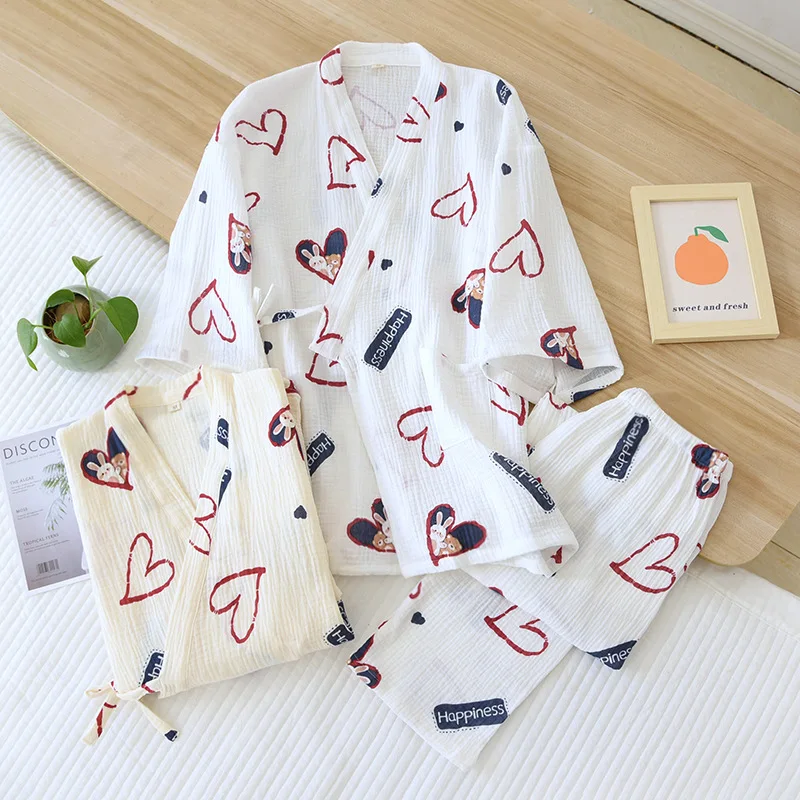 

Conjuntos De Pijama Femenino Summer Cardigan V-neck Short Sleeve Trousers Women Gauze Pajamas Set New Sweet Lady Kimono Homewear