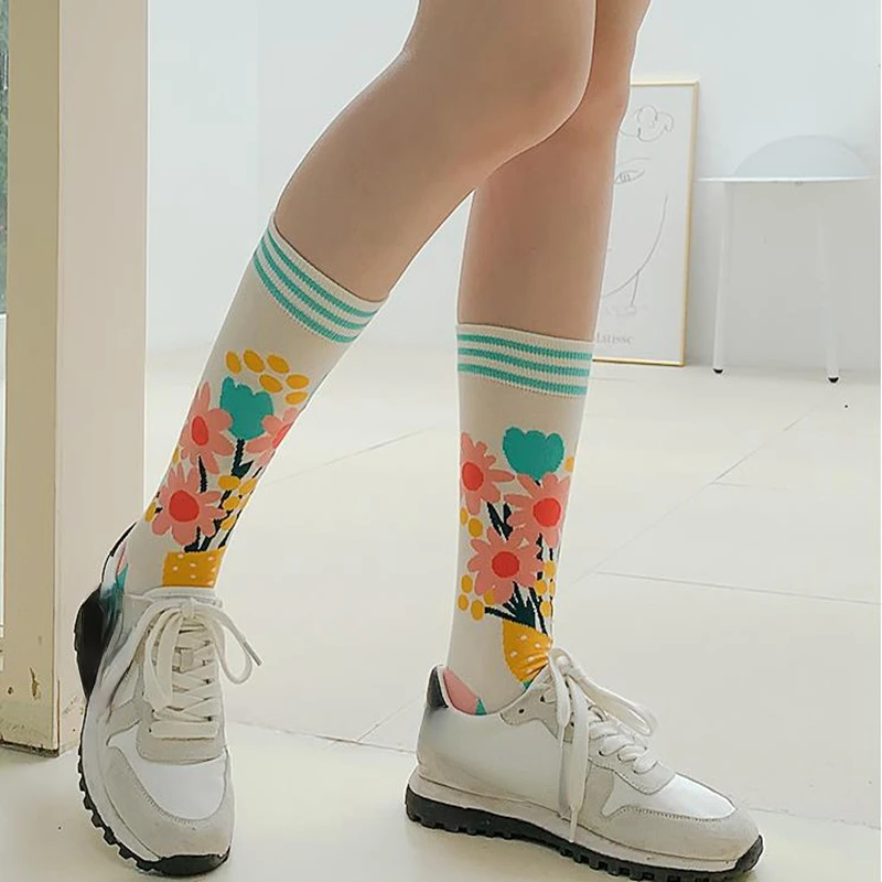 Модные Цветные весенне-осенние чулки женские носки хлопковые с изображением