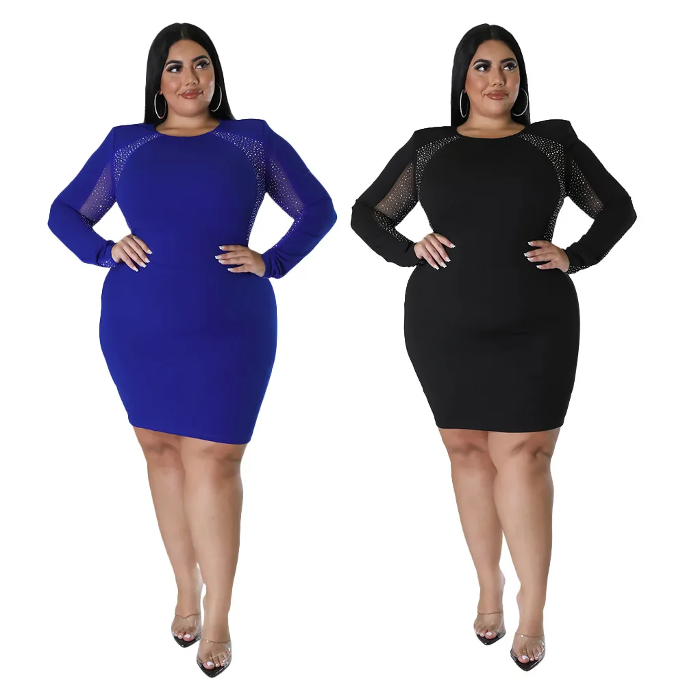 Plus Size Diamonds Sheer Mesh Patchwork Mini Dress 5XL Long Sleeve Bodycon Vestidos Autumn Night Party Club Elegant Robes 2022