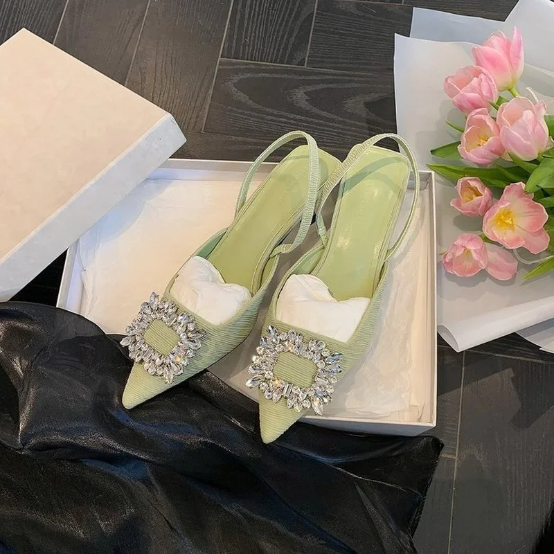 

Стразы, сандалии на высоком каблуке с квадратной пряжкой и острым носком, женские свадебные туфли, дизайнерские новые роскошные сандалии