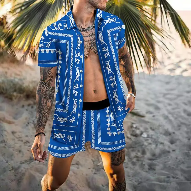 

Гавайский костюм для мужчин, рубашка с коротким рукавом, на пуговицах, пляжные шорты, уличная одежда, повседневный праздничный костюм из 2 предметов, синий цвет, лето