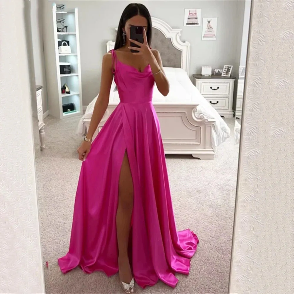 

Классические фуксия атласные Выпускные платья на тонких бретелях разрез для девушек старшего возраста 2023 официальное вечернее платье Vestido