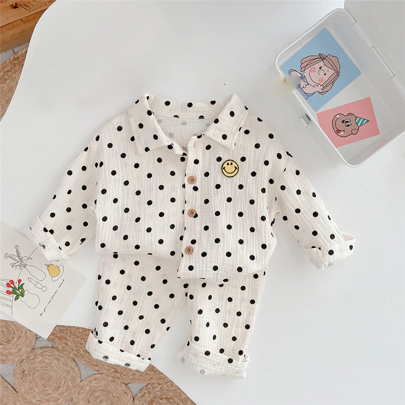 

2Pcs New Kids Pajamas Korean Long Sleeve Print polka dotsCardigan And Pants Cotton Musline Yarn Sleepwear