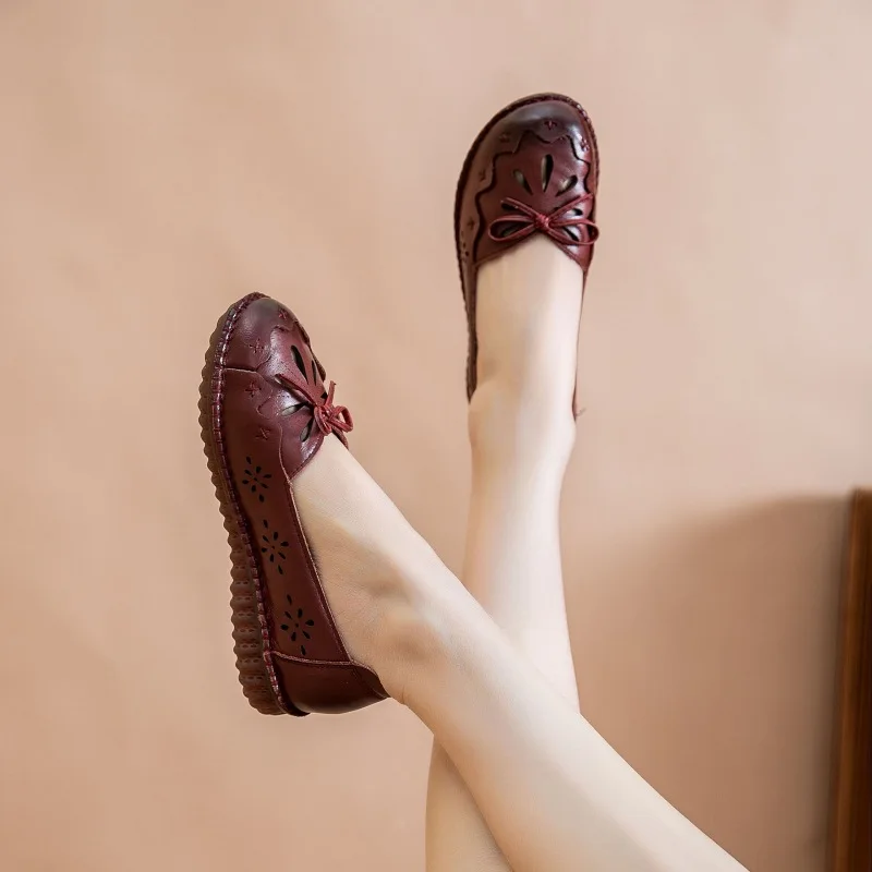 Luxury Genuine Leather Ballet Flats Women's Loafers Dressy Fed Flats Mocasines Mujer Woman Flat Hollow Shoes With Slip On Bow