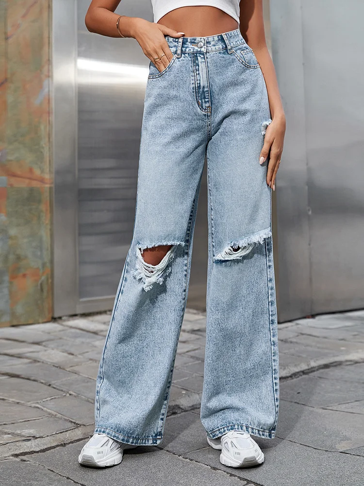 

Лидер продаж, Осенние прямые женские рваные джинсы 2023Hot с высокой талией, женские джинсовые брюки, Корейская одежда, модная уличная одежда, мешковатые брюки