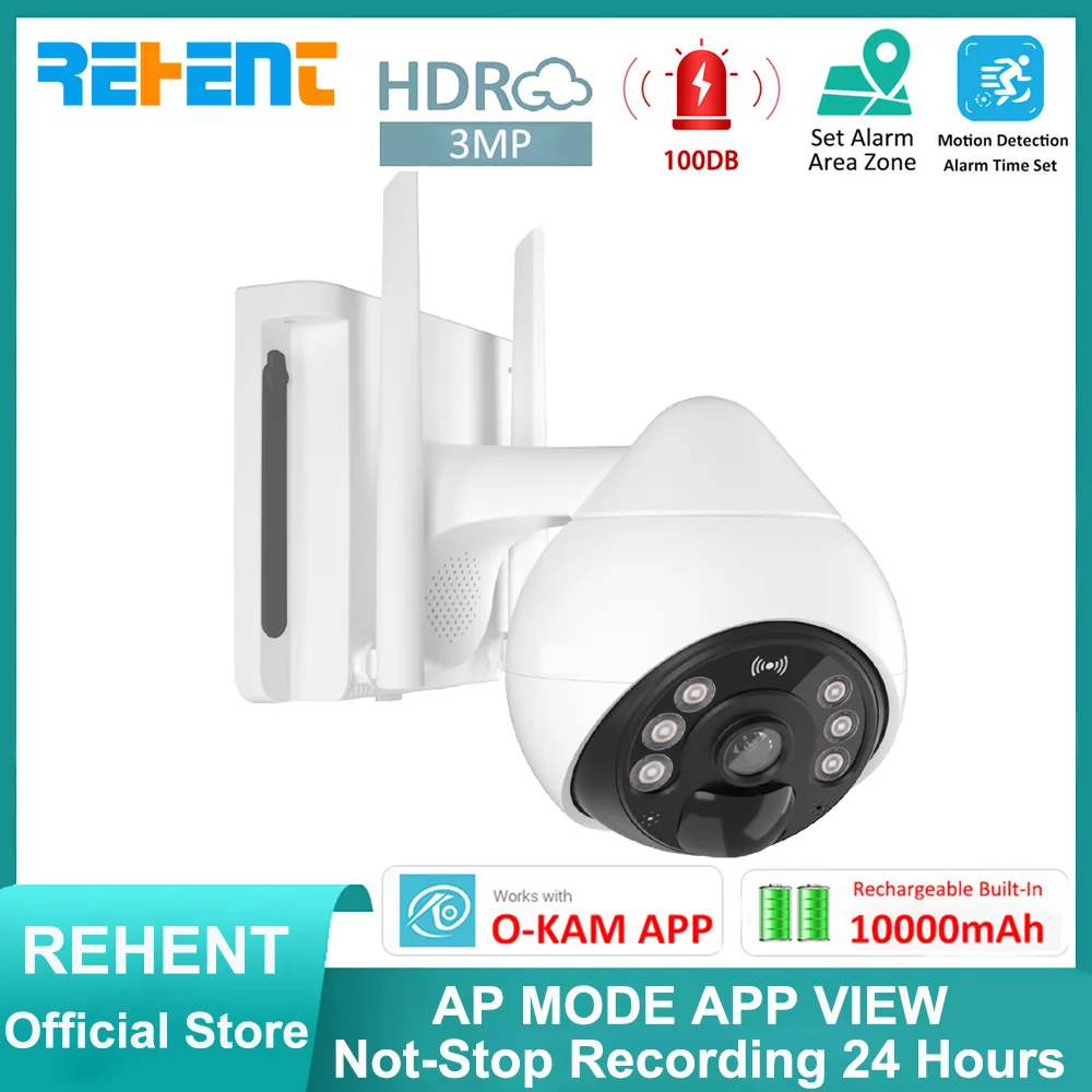 

REHENT 3MP 10000mAh Rechargeable Battery 5W Solar AP Mode Continuous Recording Siren Color Light WiFi CCTV PTZ PIR Timer Camera