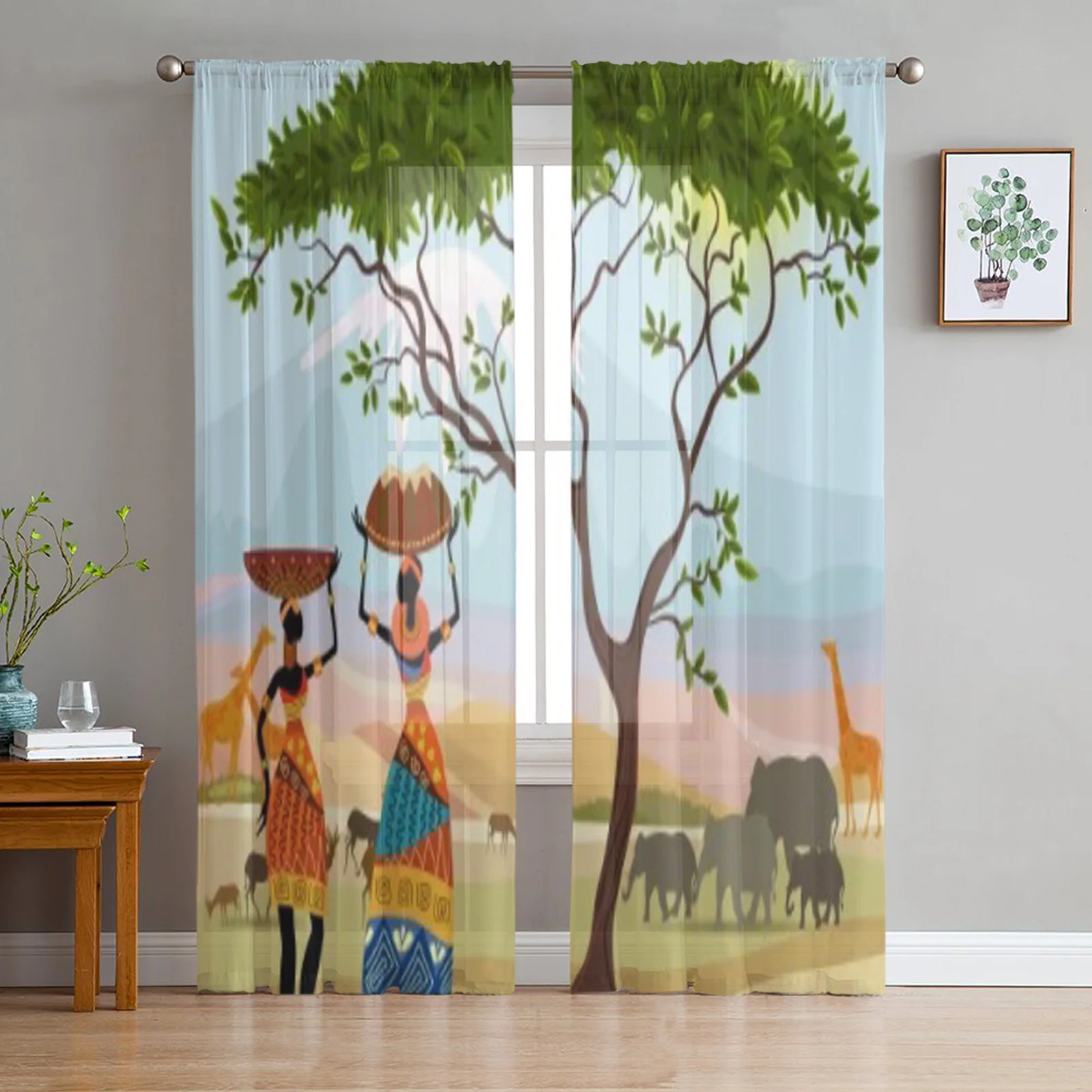 

African Women In Mountain Landscape Tulle Sheer Curtains for Living Room Bedroom Kitchen Decoration Voile Organza Curtains
