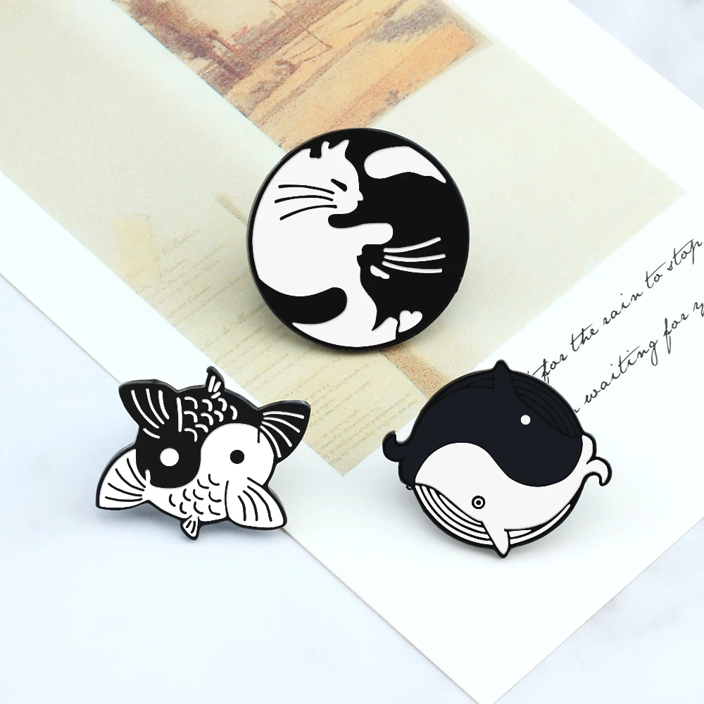 Винтажные белые черные Инь-Янские целебные броши кошка кит карп значки на