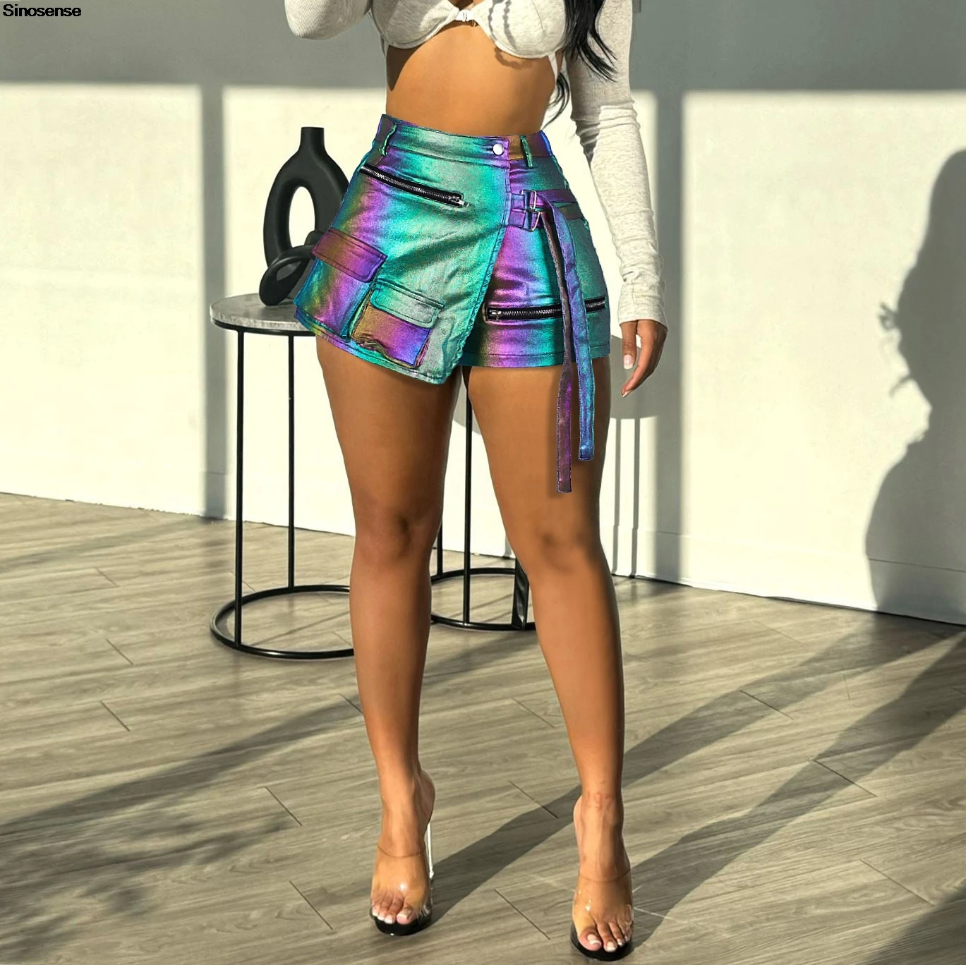 Женские Асимметричные шорты-карго из ПУ кожи с высокой талией