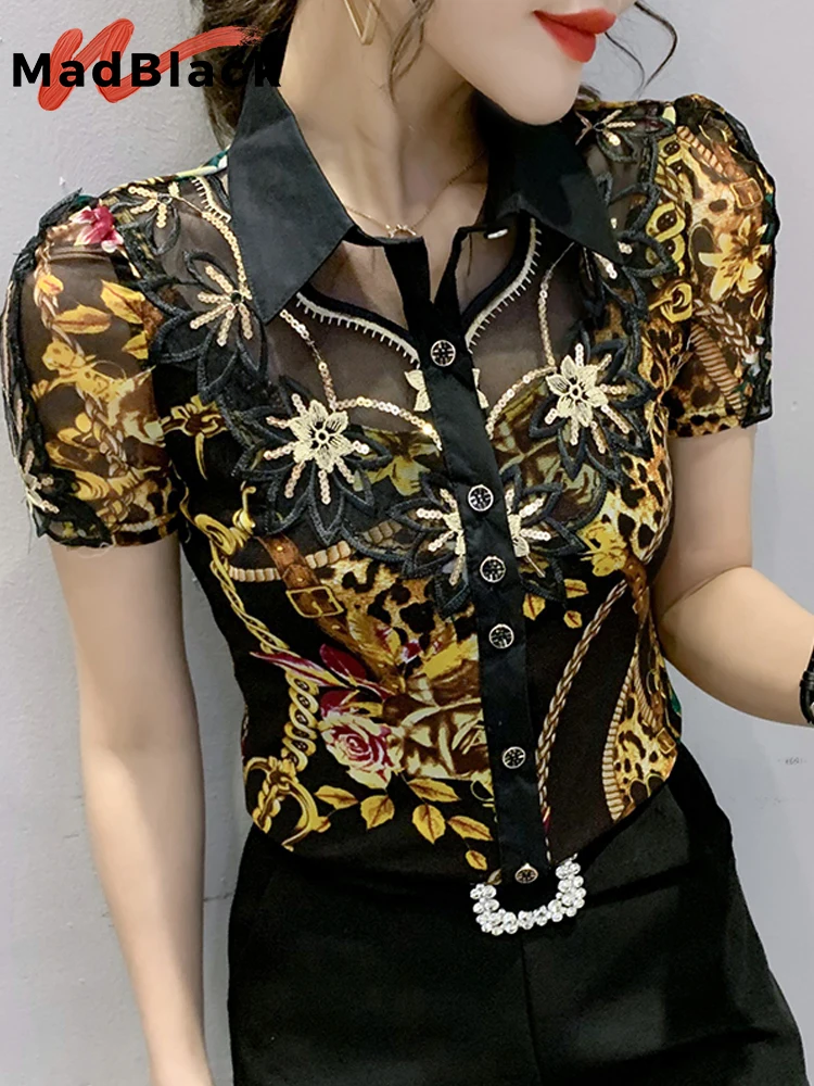 

MadBlack New Summer Women's Short Sleeve Shirts Office Lady Embroidery Floral Blouses Women Button Up Mesh Tops 2023 T35224C