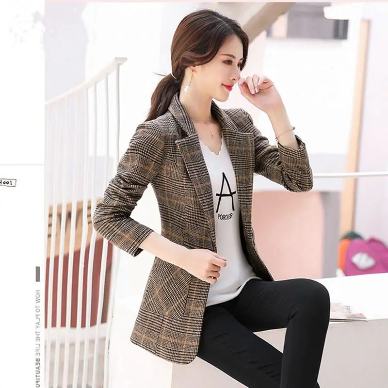 

Cotton Autumn Coat Plaid Casual Women Suit Thickened Korean