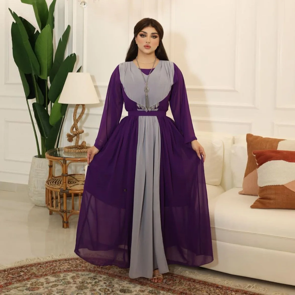 Ab253 Muslim Large Swing Dress Fashion Purple Chiffon Hand-Stitched Tassel Dubai Plus Size Women's Clothing  Eid Abaya